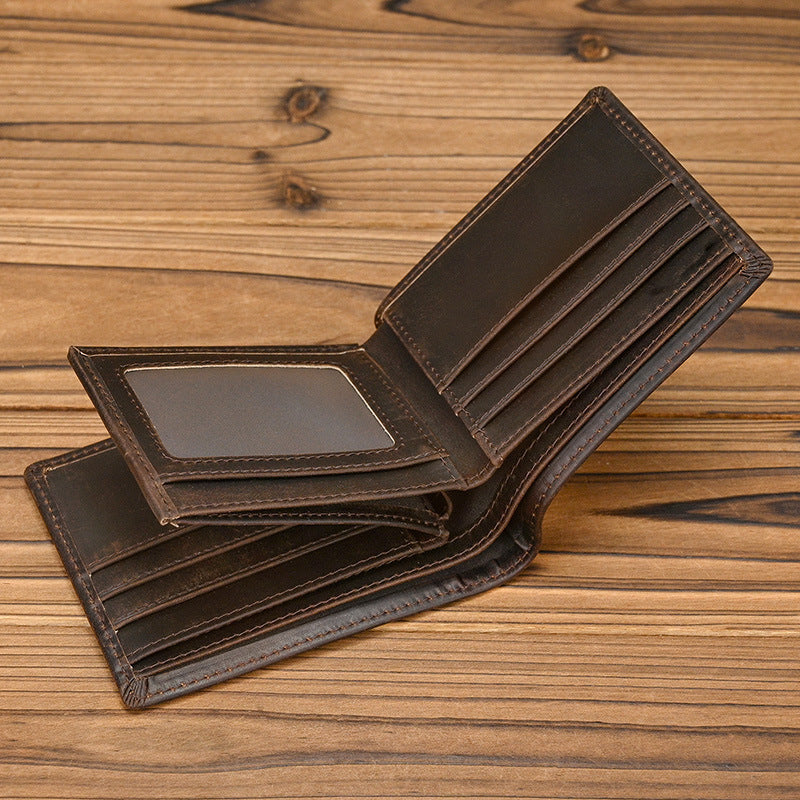 Men's Short Genuine Leather Crazy Horse Multiple Slots Trifold First Layer Men's Wallet