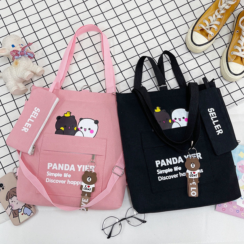 Supply Canvas Cartoon Bear Two-piece Large Crossbody Bags