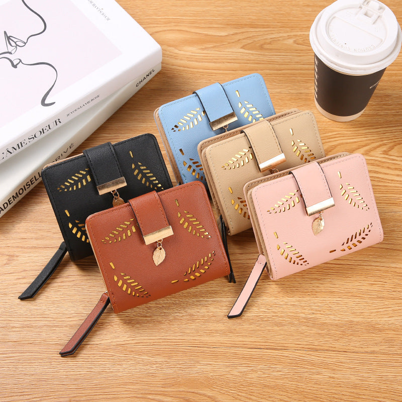 Women's Short Clutch Fashion Leaves Zipper Hasp Trendy Ladies Wallet