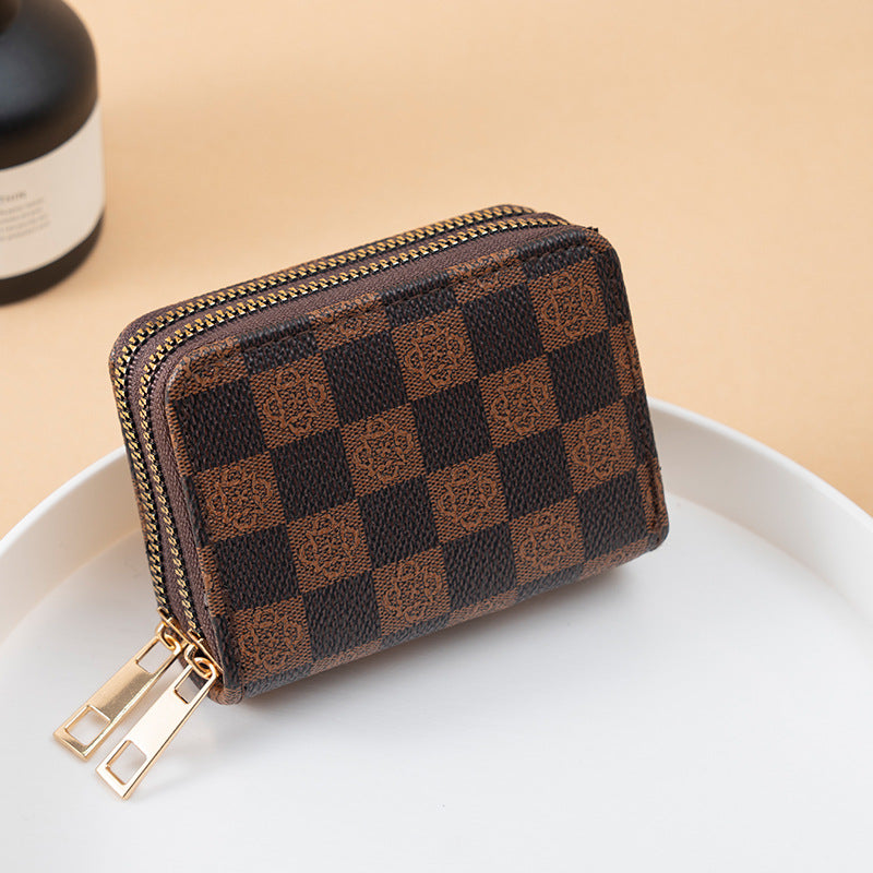 Women's Stitching Color Double Zipper Expanding Retro Card Holder