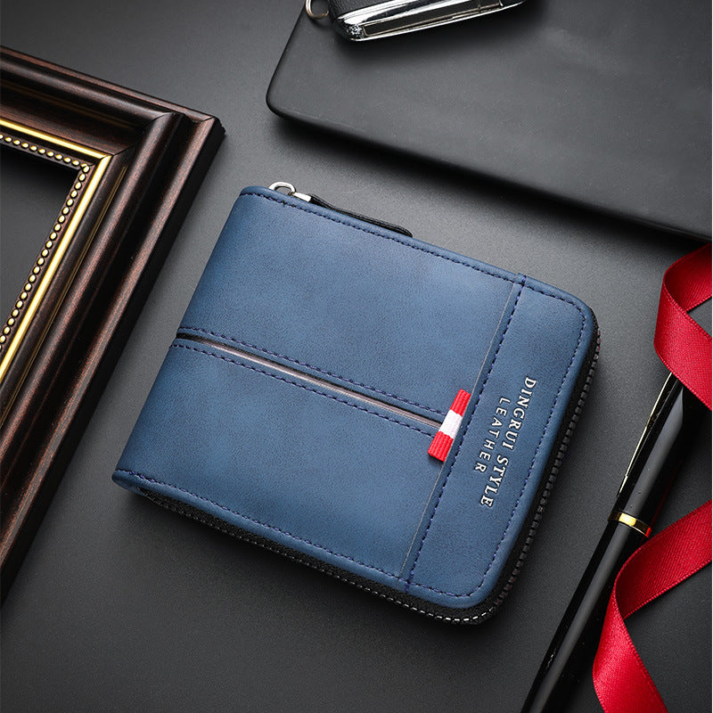 Men's Short Horizontal Zipper Vintage Cubic Men's Wallet
