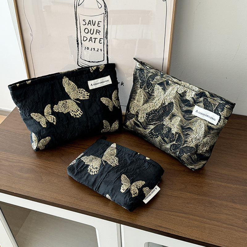 Gold Silk Butterfly Fabric Storage Clutch Canvas Makeup Bag