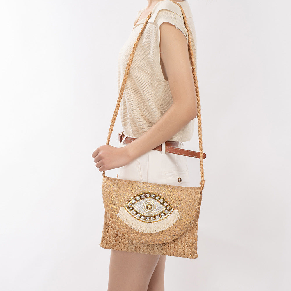 Women's Bead Patch Jute Bohemian Clutch Hand-woven Vacation Bags