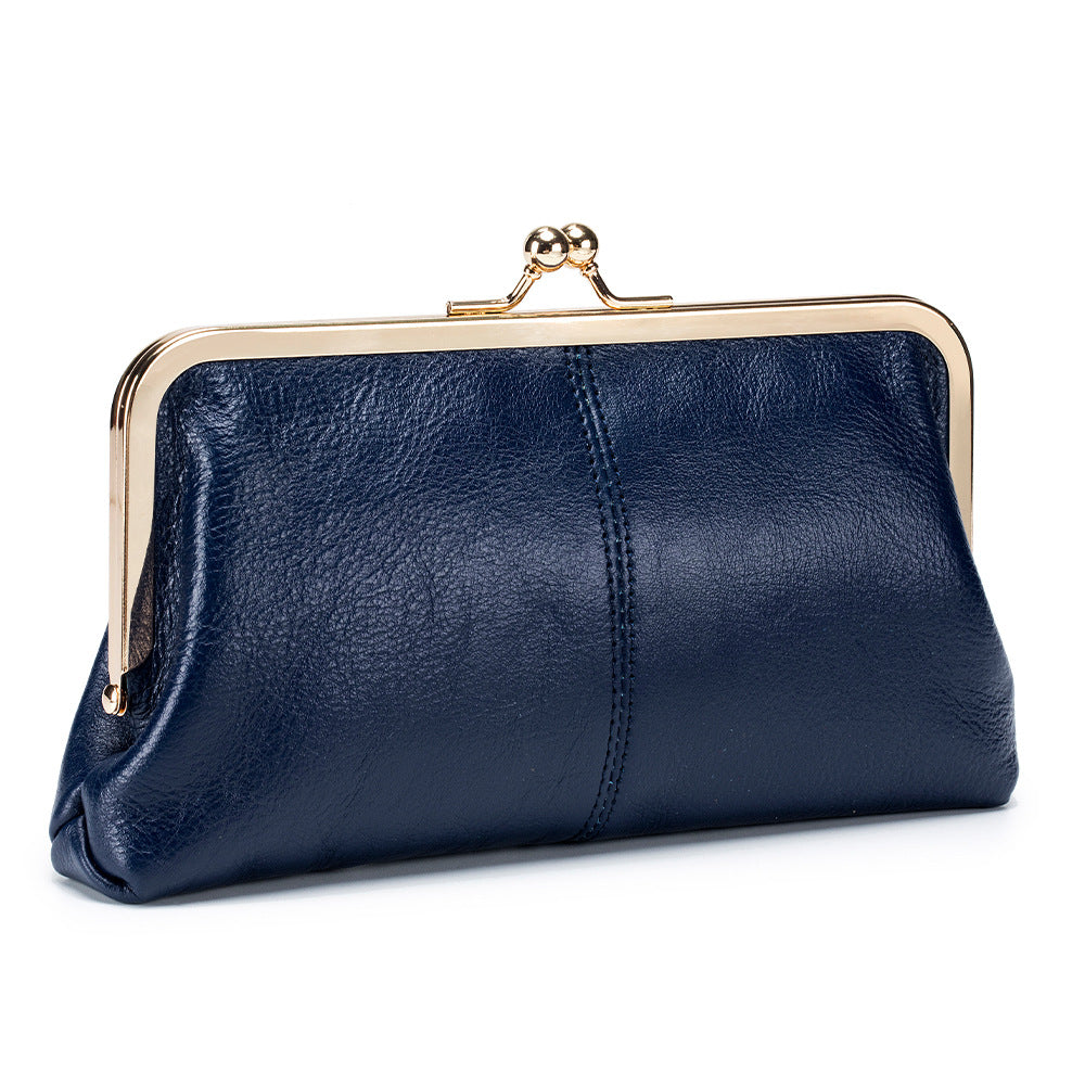 Genuine Leather Retro Clip Long Clutch Simple Frame Storage Handbags