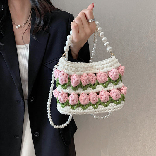 Fairy Style Tulip Hand-woven Strip Thread Material Pearl Crossbody Bags