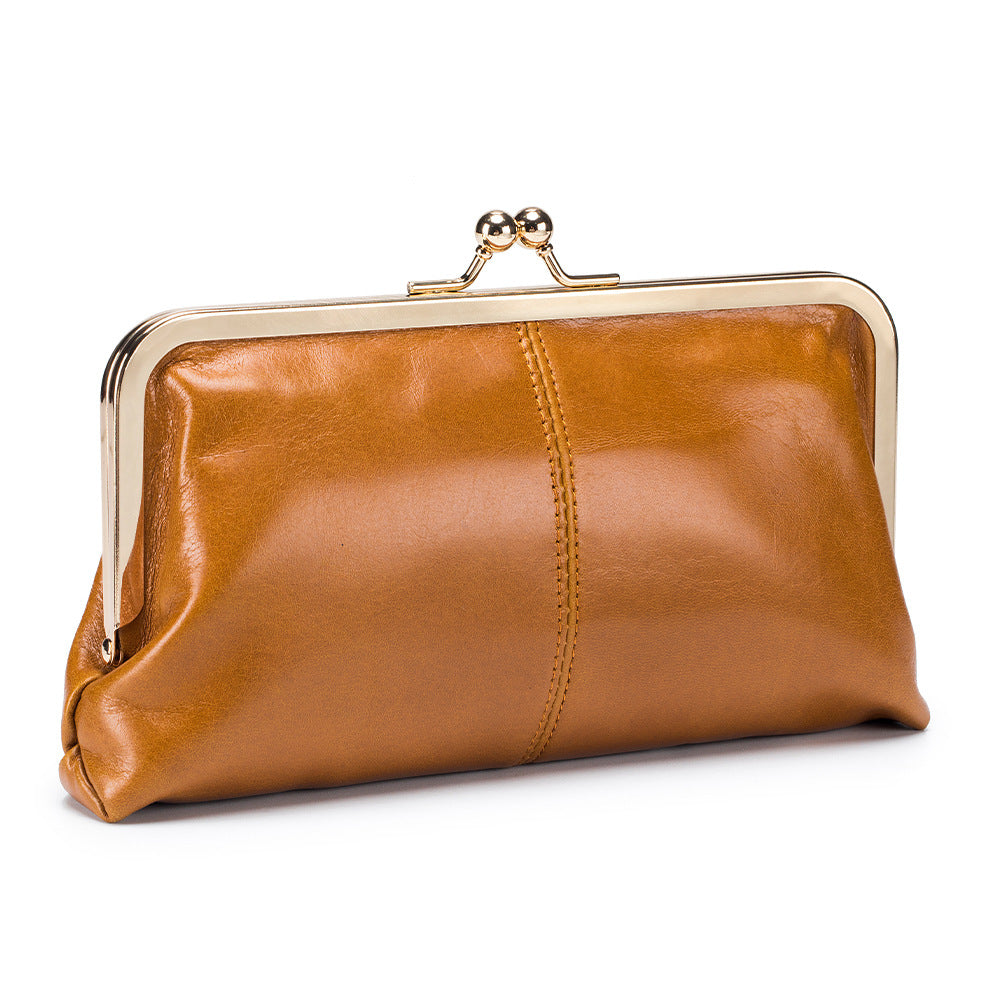 Genuine Leather Retro Clip Long Clutch Simple Frame Storage Handbags