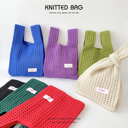 Simple Solid Color Knitted Hollow Hand Shoulder Bags
