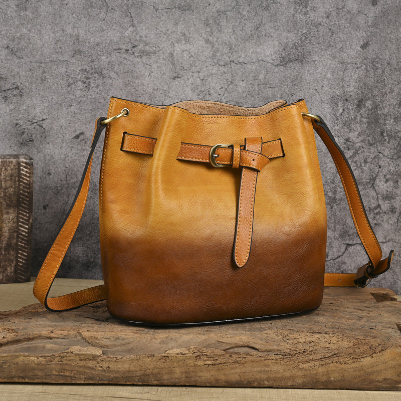 Women's First Layer Cowhide Solid Color Handmade Brushed Chinese Women's Shoulder Bag