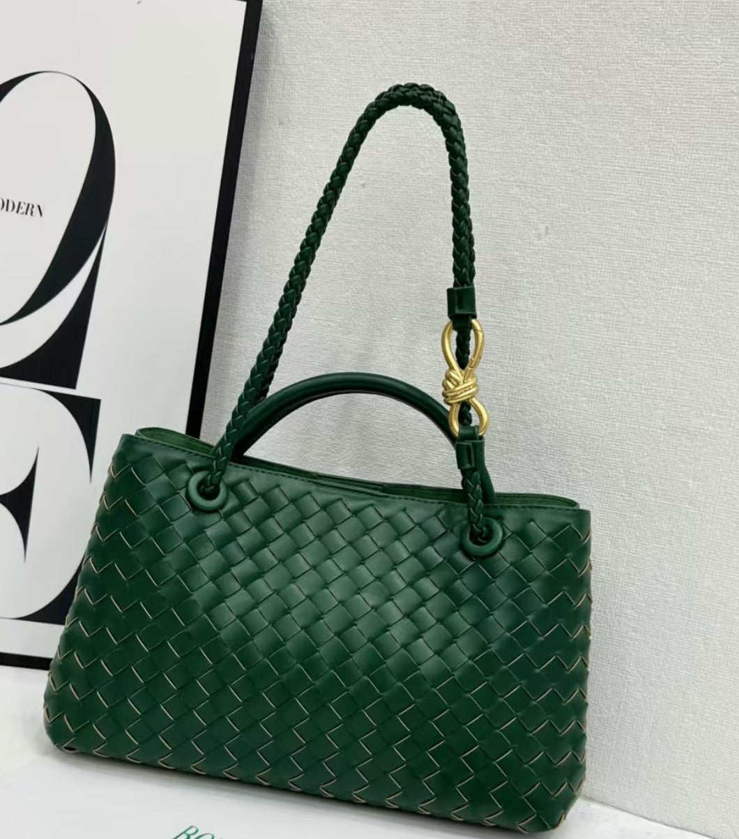 Women's Genuine Leather Metal Cord Fastener Woven Handbags