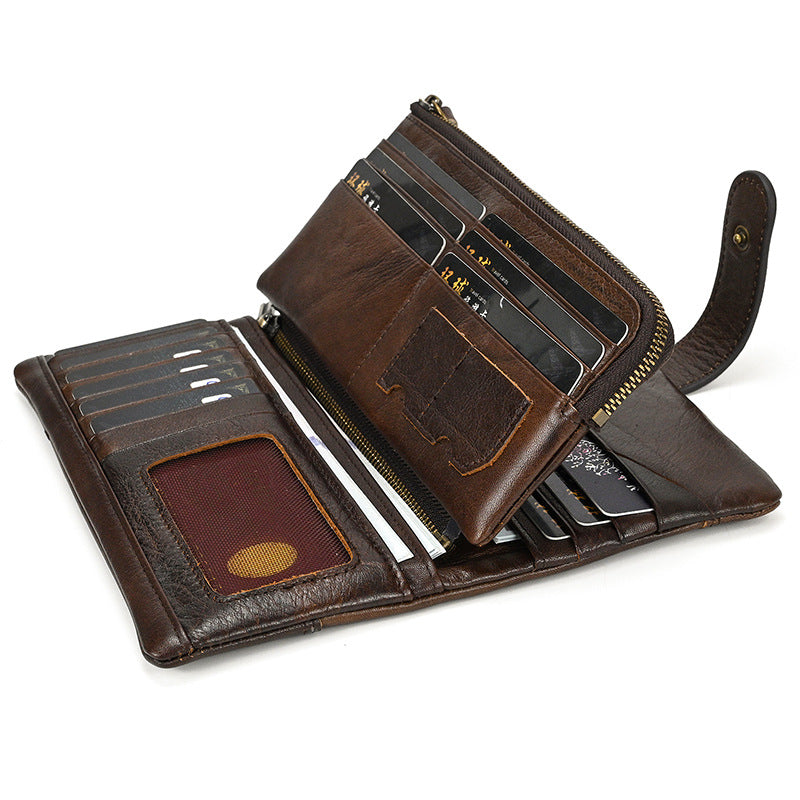 Vintage Leather Brushed Long Cowhide Stitching Multiple Men's Wallets