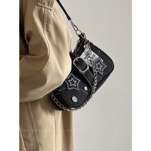 Women's Denim Underarm Vintage Button Portable Chain Shoulder Bags