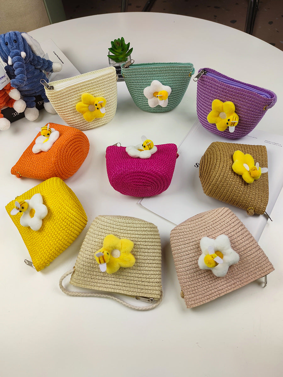 Children's Mini Straw Flower Woven Little Coin Purses