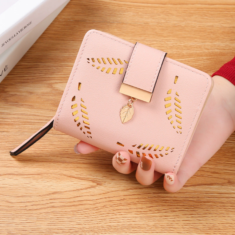 Women's Short Clutch Fashion Leaves Zipper Hasp Trendy Ladies Wallet