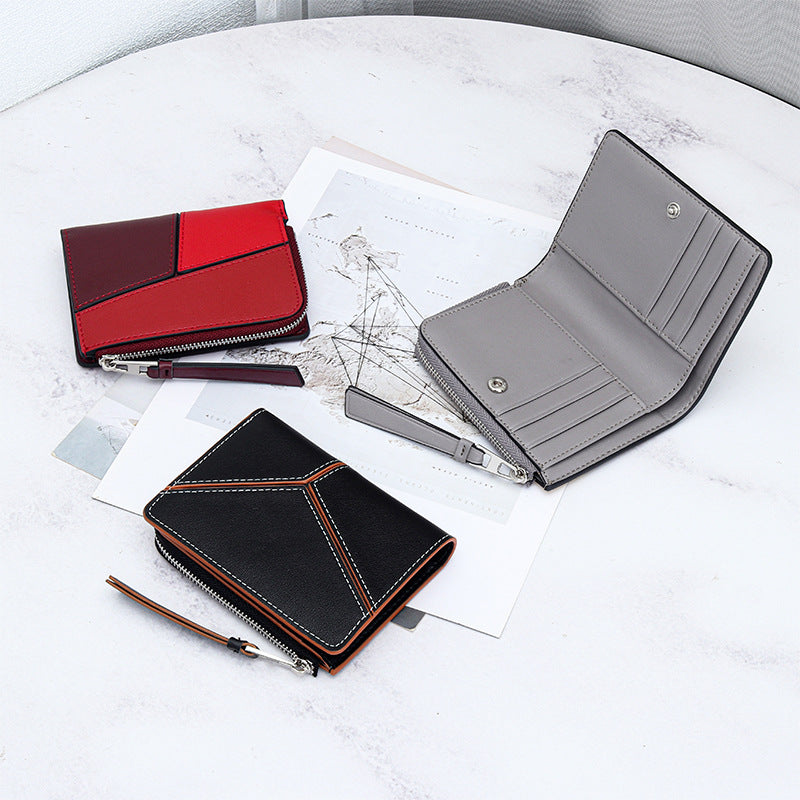Women's Cowhide Short Stitching Fold Genuine Leather Ladies Wallet