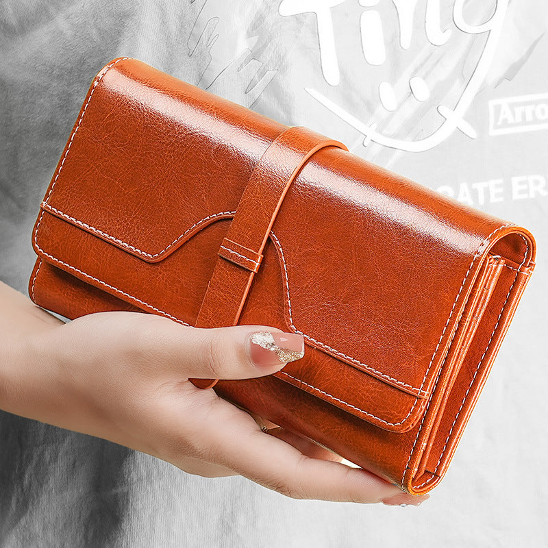 Women's High Quality Leather Long Brushing Oil Wax Genuine Bags