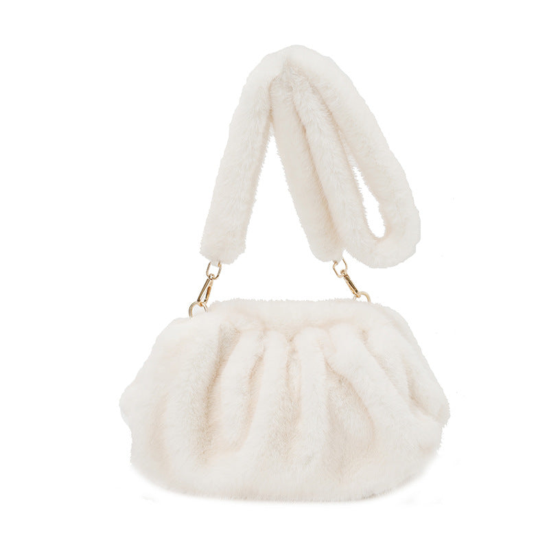 Women's Fashion Pleated Hand Carrying Plush Temperament Wild Popular One Shoulder Bags