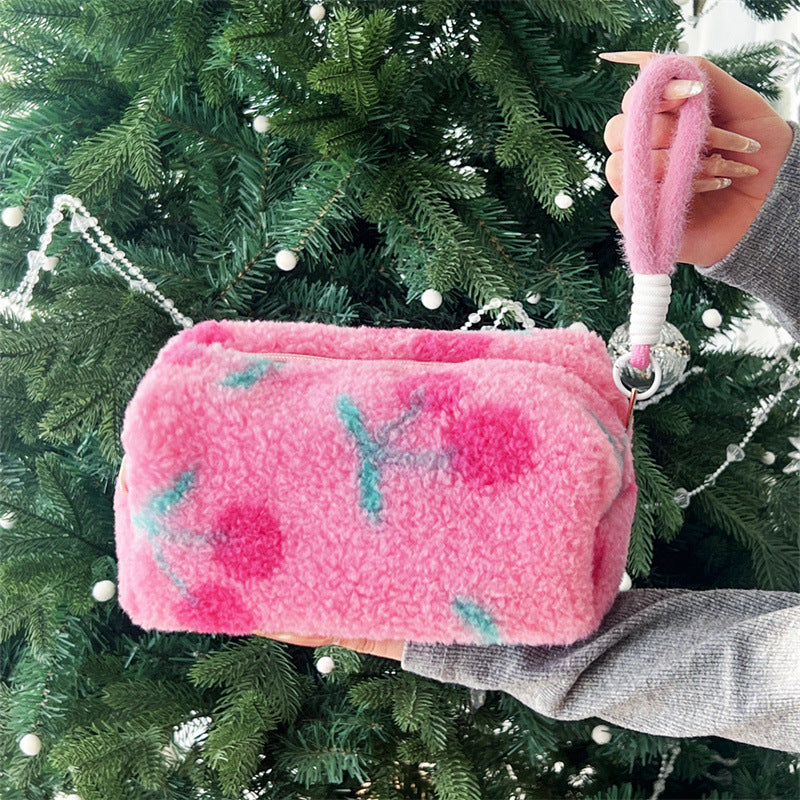 Plush Pink Cherry Sweet Storage Wash Makeup Bag
