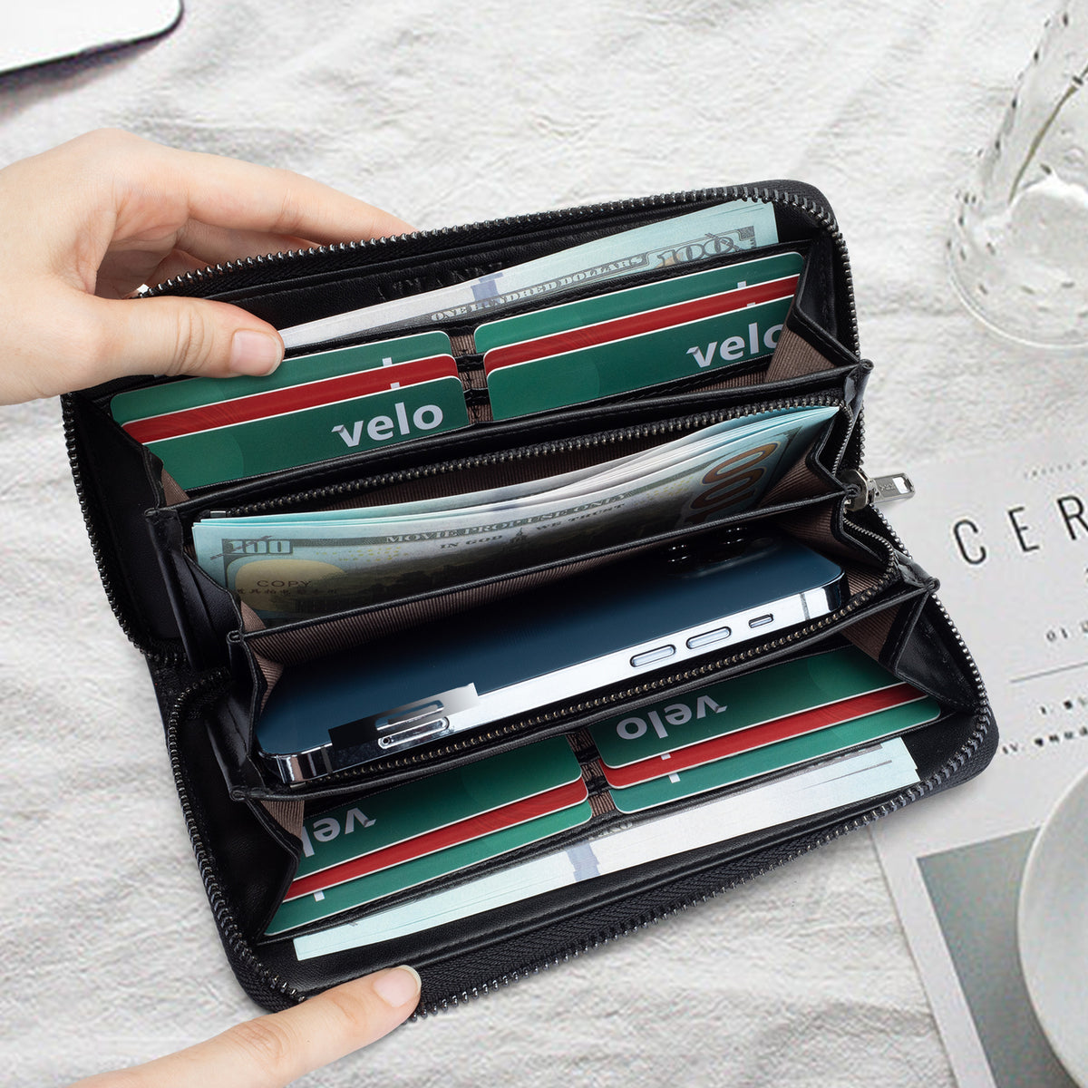 Retro Long Multiple Slots Strap Zipper Handbags