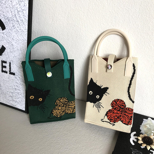 Women's Mobile Cat Knitted Portable Storage Korean Handbags