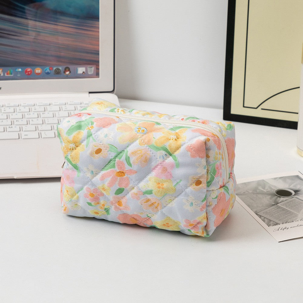Floral Quilted Toiletries Portable Cosmetics Storage Makeup Bag