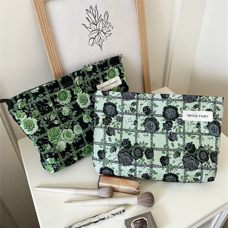 Plaid Rose Blackish Green Series Jacquard Canvas Large Capacity Artistic Makeup Bag