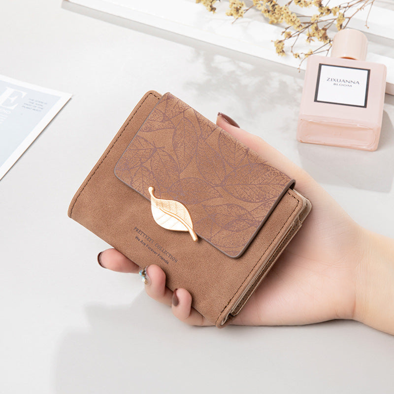 Women's Short Simple Vintage Frosted Leaf Fashion Ladies Wallet