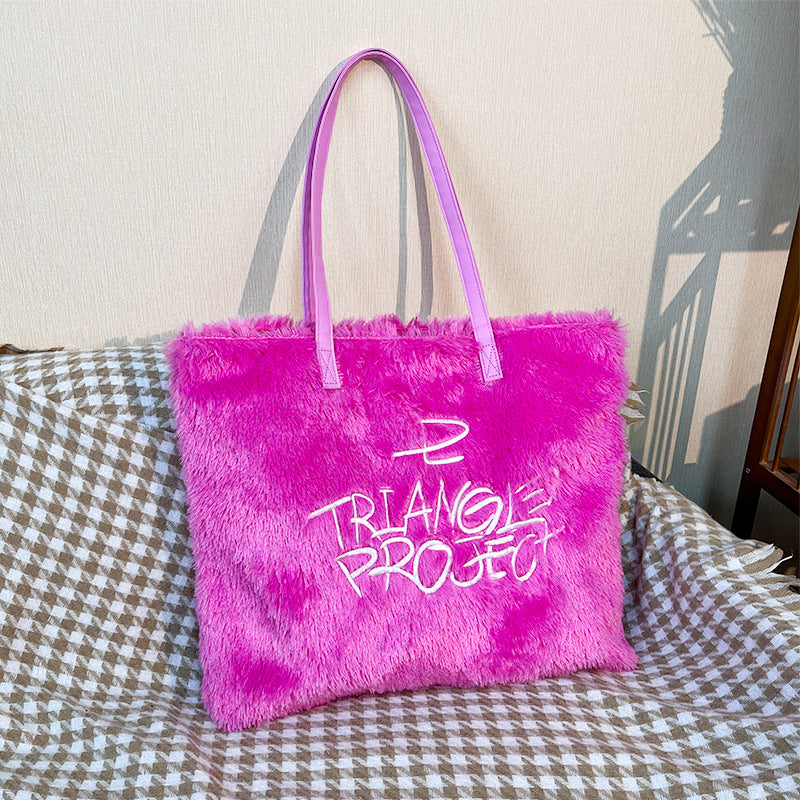 Autumn Fashion Portable Pink Embroidered Plush Tote Bags