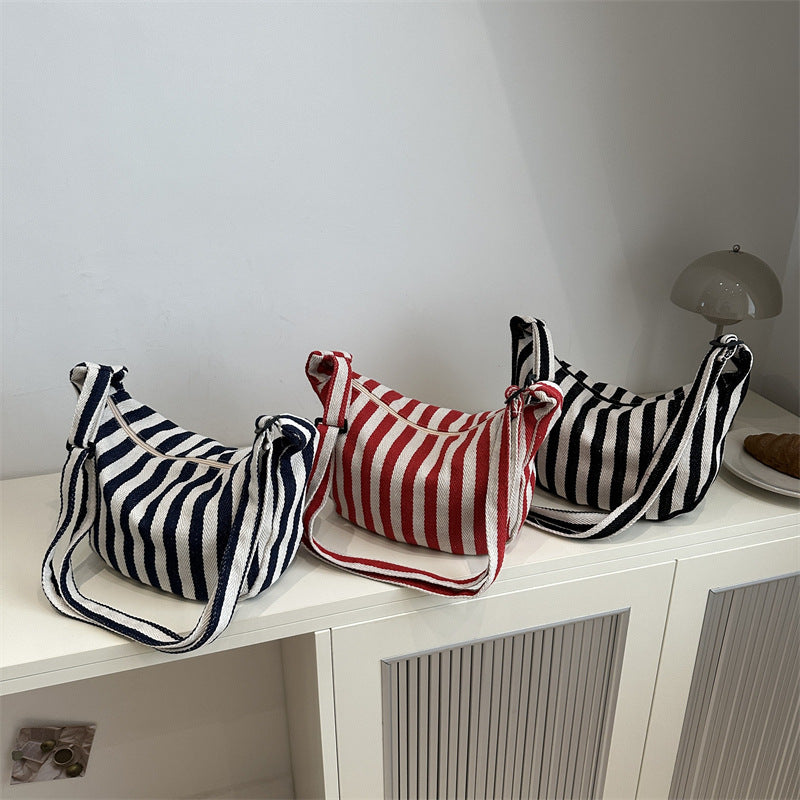 Women's Retro Literary Simplicity Fresh Striped Canvas Personal Leisure Fashion Handbags