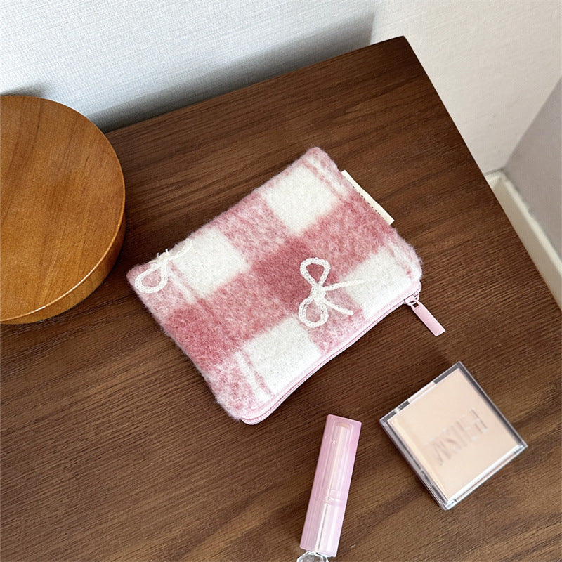 Plaid Woolen Bow Storage Large Capacity Wash Makeup Bag