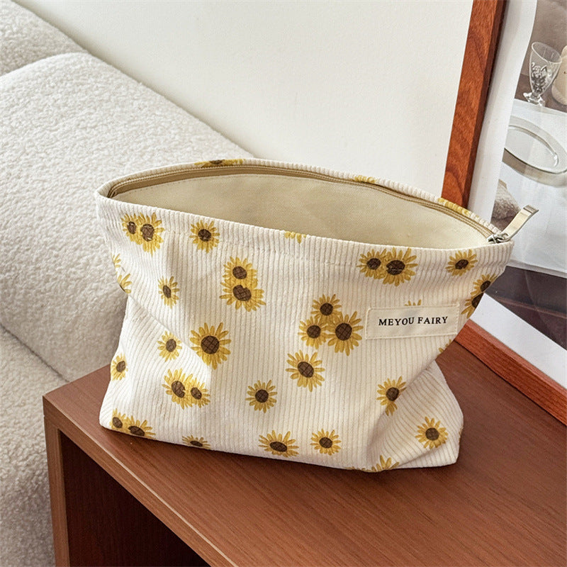 Corduroy Sunflower Large Capacity Wash Liner Clutch Zipper Bags