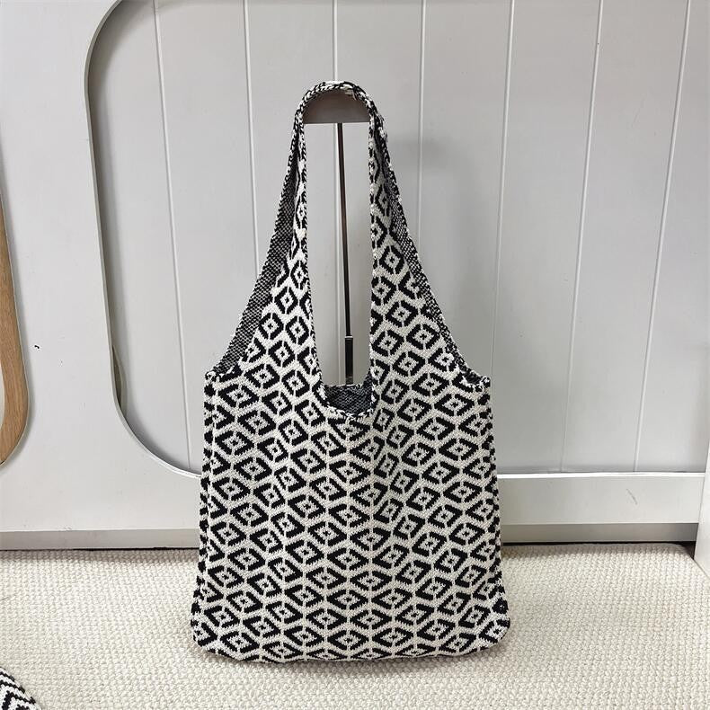 Sister Striped Knitted Large Capacity Woven Women's Shoulder Bag