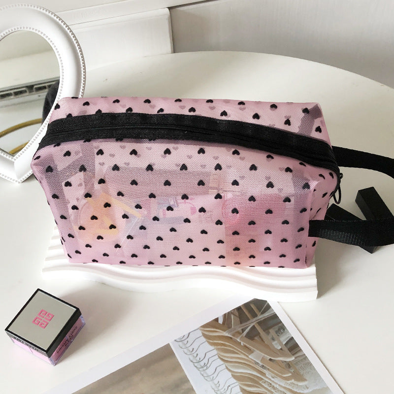 Flocking Pink Mesh Heart Portable Wash Cosmetic Bags
