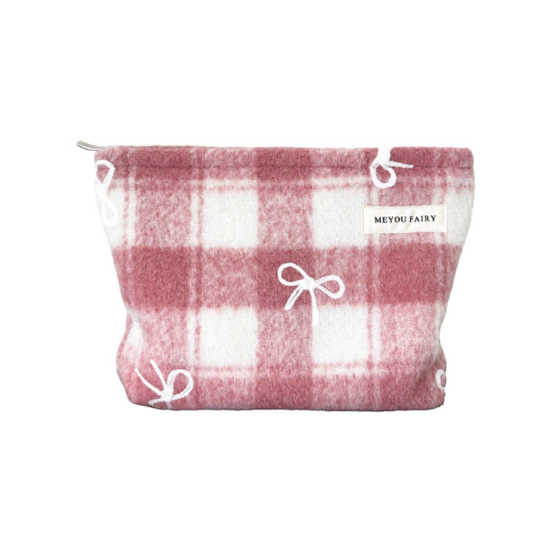 Plaid Woolen Bow Storage Large Capacity Wash Makeup Bag