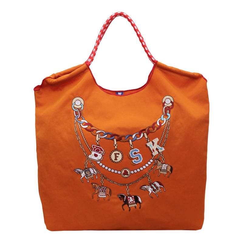 Large Capacity Blue Bottle Embroidered Canvas Leisure Embroidery Handbags
