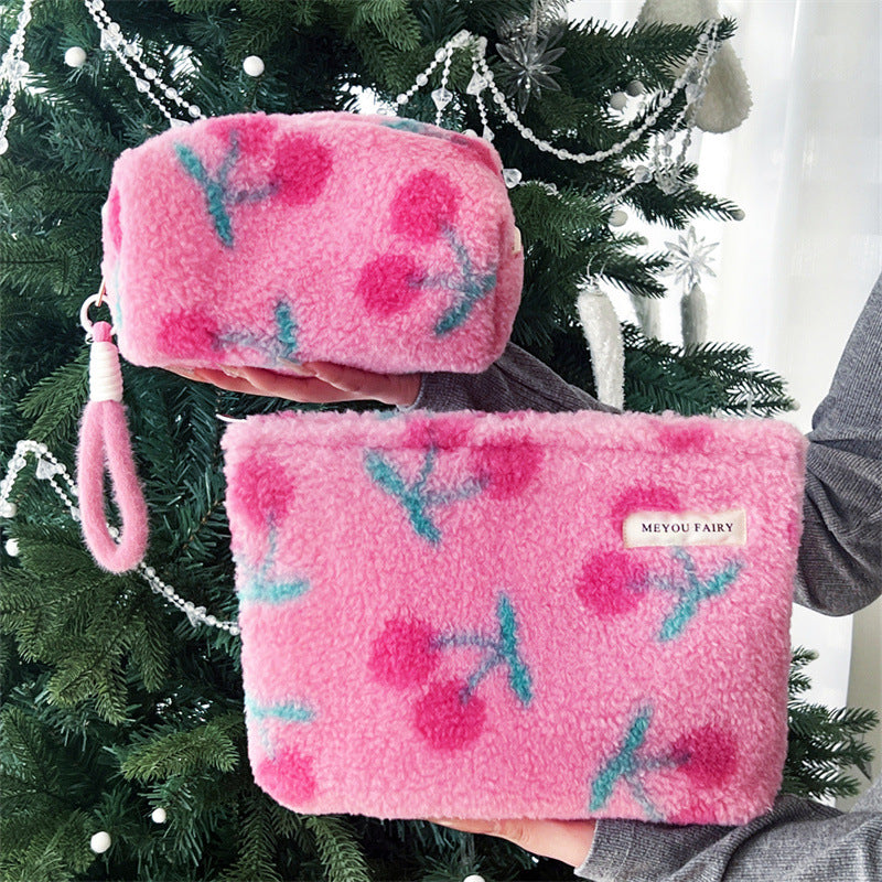 Plush Pink Cherry Sweet Storage Wash Makeup Bag