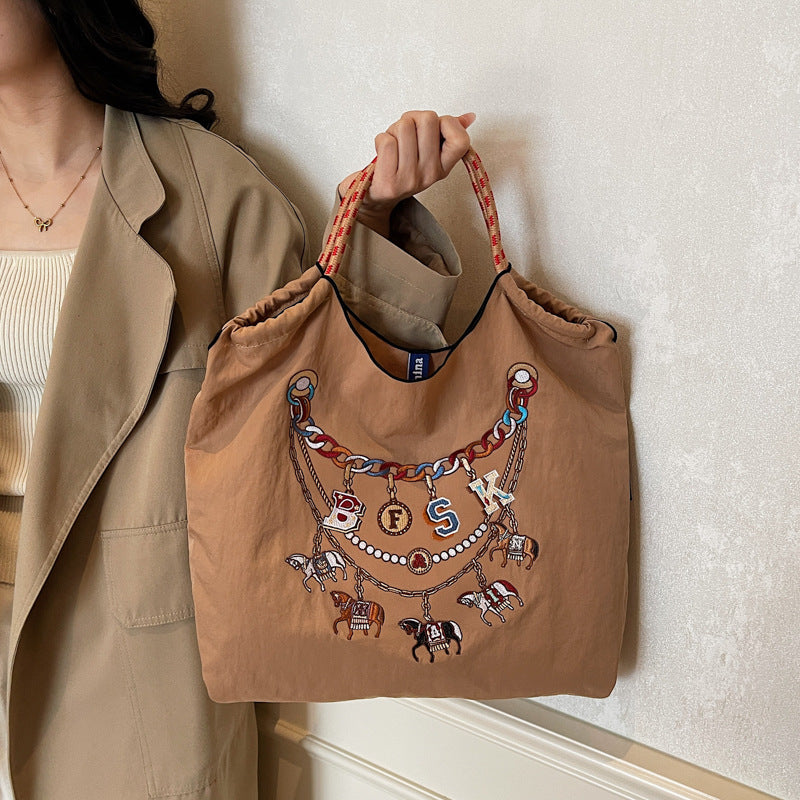 Large Capacity Blue Bottle Embroidered Canvas Leisure Embroidery Handbags