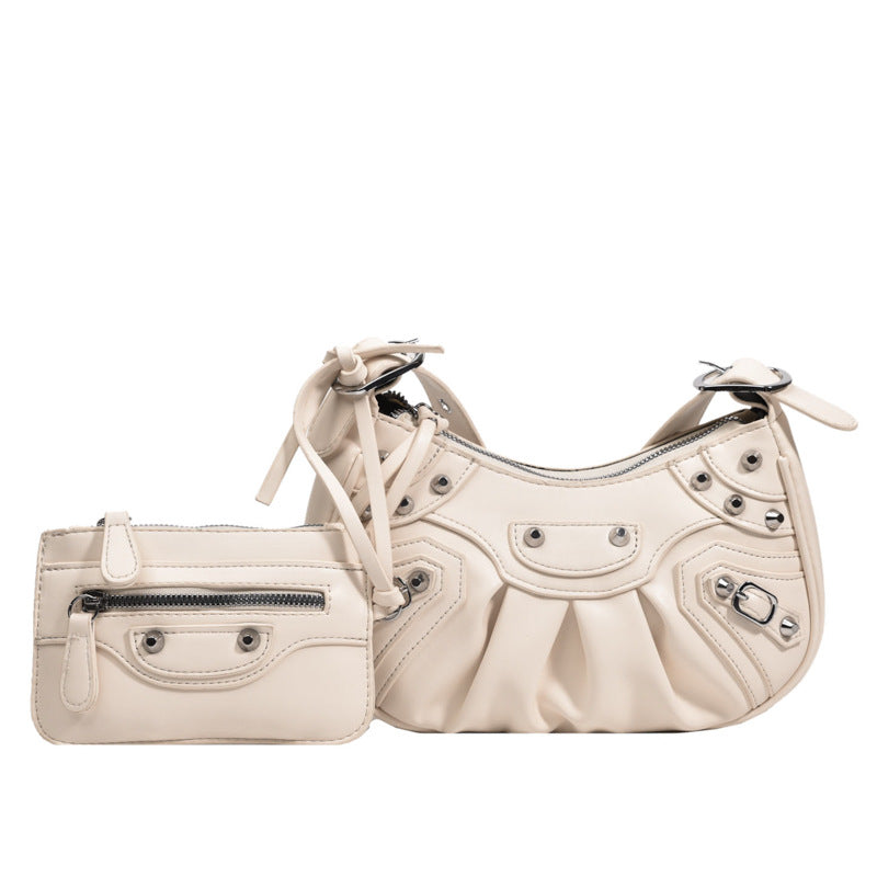 Women's Pleated Crescent Son Mother Retro Rivet Shoulder Bags