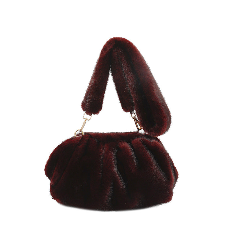 Women's Fashion Pleated Hand Carrying Plush Temperament Wild Popular One Shoulder Bags