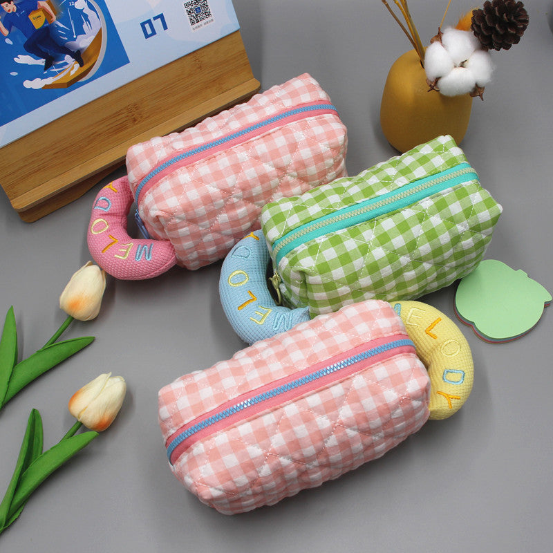Women's Large Capacity Checked Cloth Pencil Embroidery Cotton Cosmetics Storage Makeup Bag