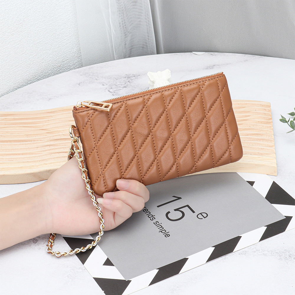 Women's Sheepskin Classic Style Clutch Diamond Chain Storage Leather Bags