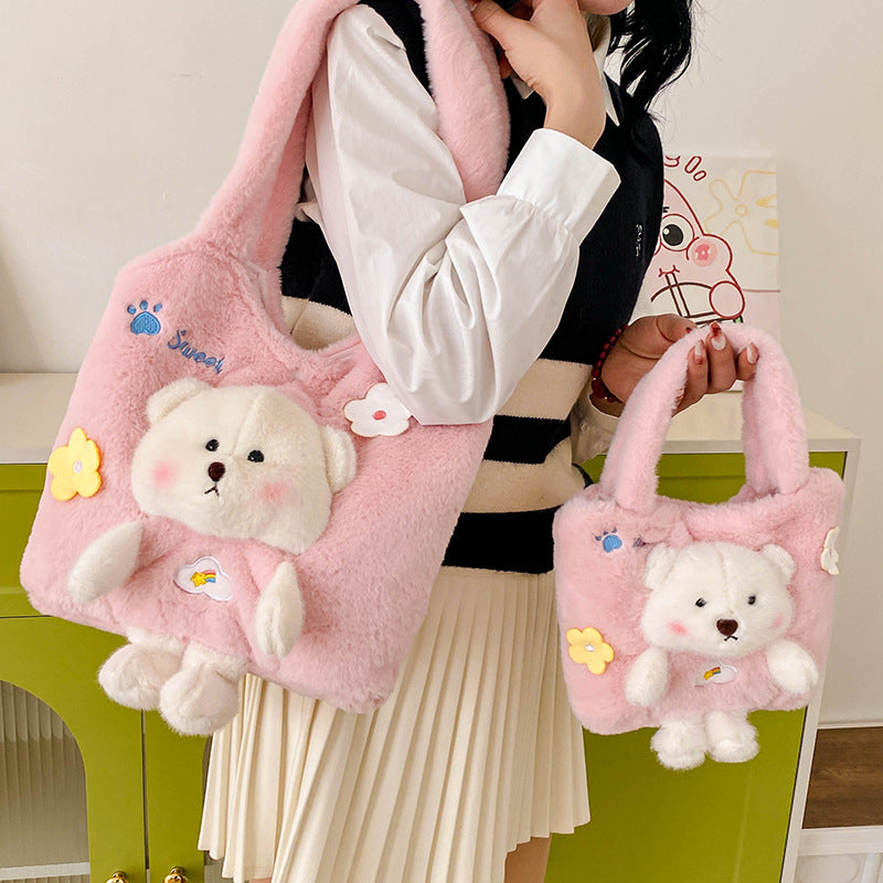 Fresh Cute Three-dimensional Bear Fur Hand Heart Out Handbags