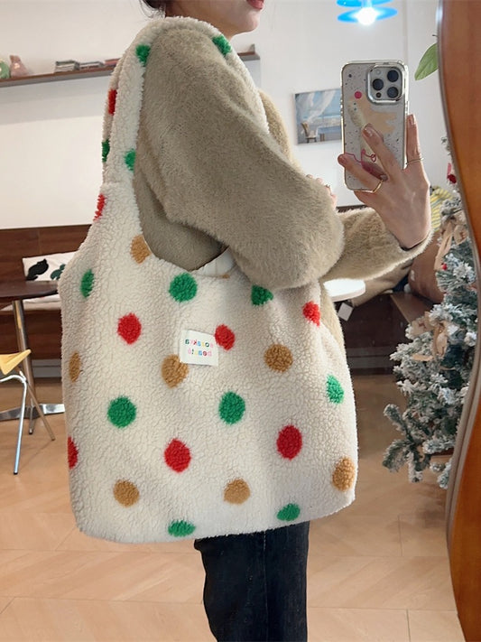 Women's Preppy Style Plush Cute Colorful Polka Shoulder Bags