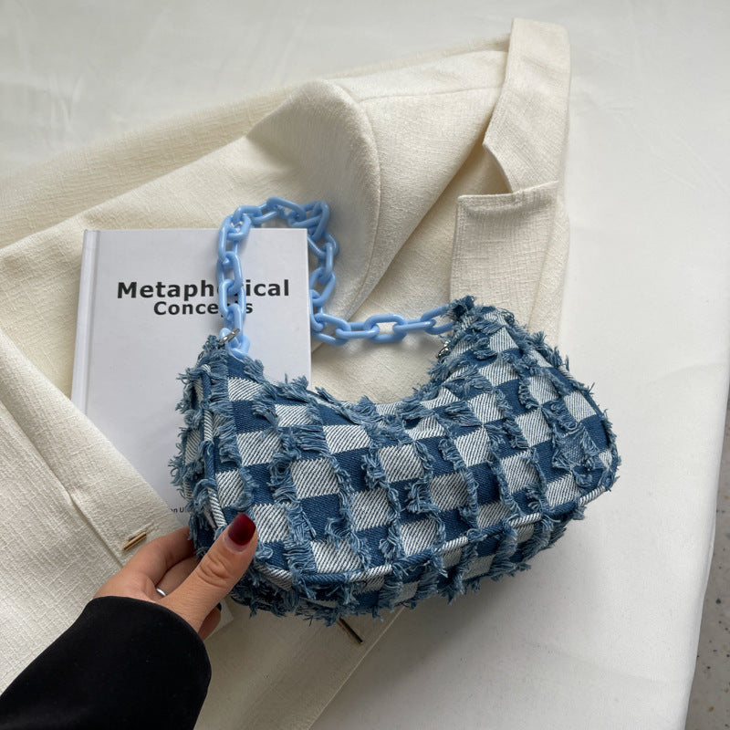 Women's Fashion Simple Denim Canvas Chessboard Plaid Shoulder Bags