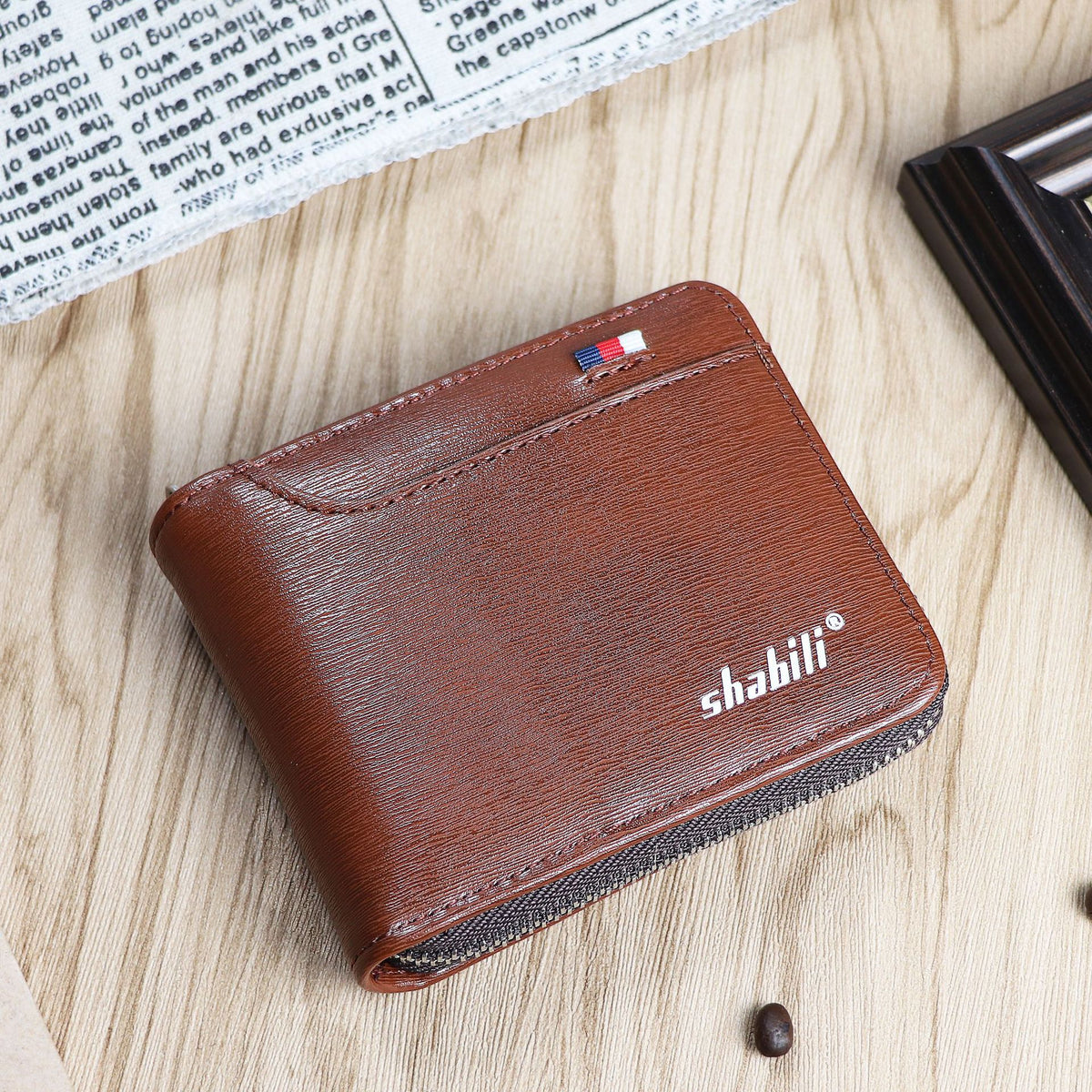 Men's Short Business Green Zipper Oil Wax Leather Men's Wallet