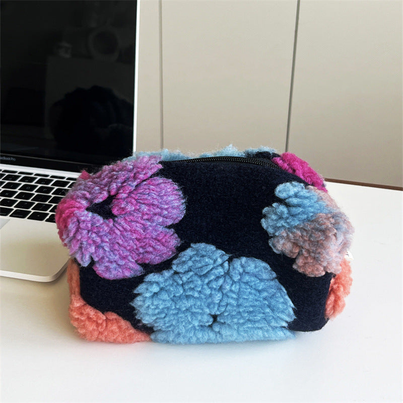 Striped Plush Large Capacity Pencil Wash Portable Storage Bags