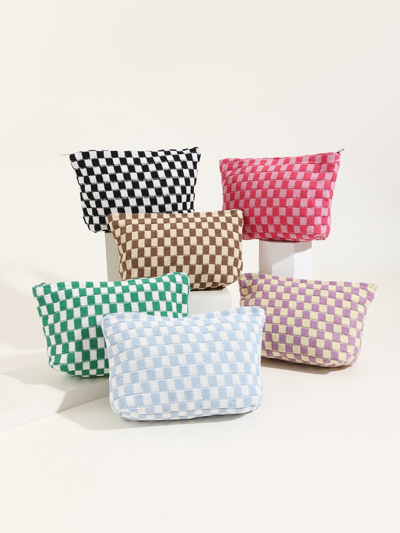 Large Wool Chessboard Grid Capacity Pencil Cosmetic Bags