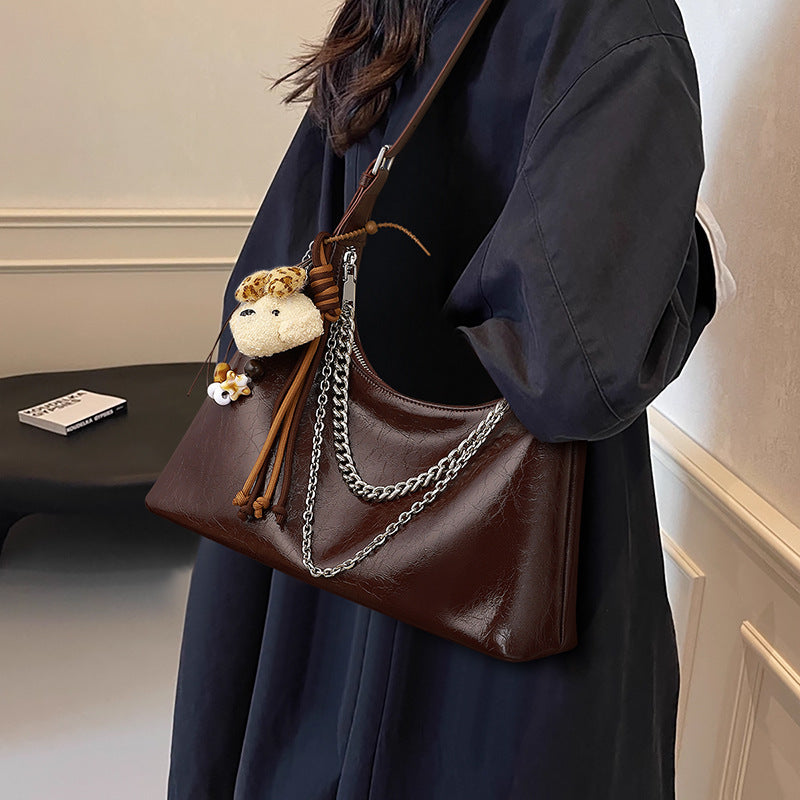 Style Brown Soft Leather Chain Doll Ornaments Retro Korean Women's Messenger Bag