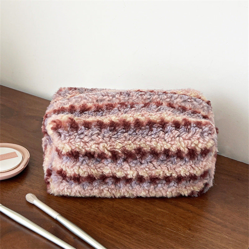 Striped Plush Large Capacity Pencil Wash Portable Storage Bags