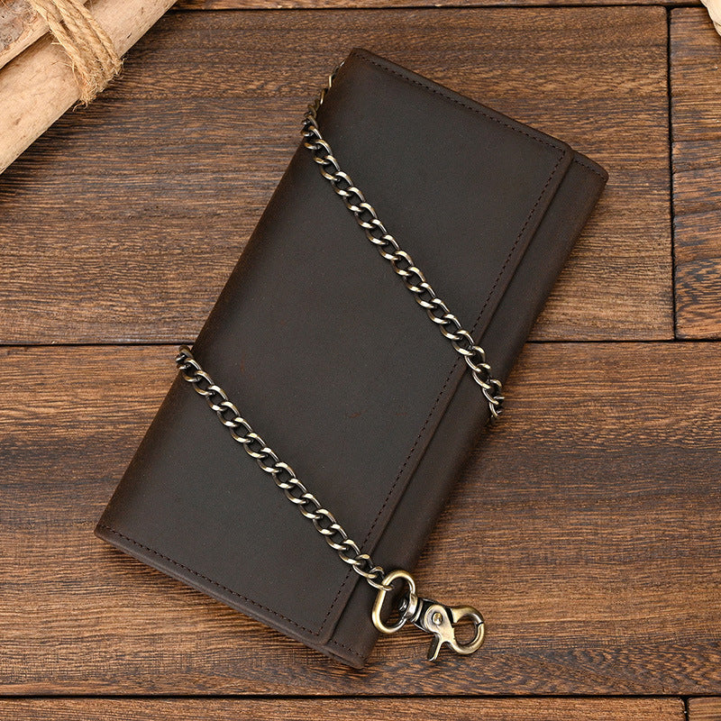 Men's Crazy Horse Leather Long Iron Chain Clutch Multi Men's Wallet