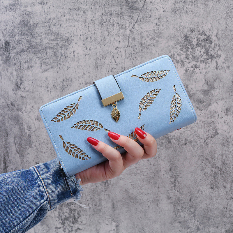 Women's Korean Leaf Hollow Long Zipper Hasp Clutch Ladies Wallet